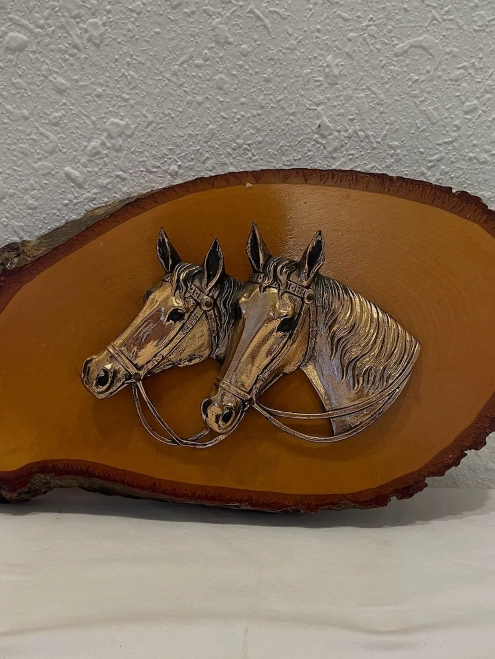 Bronze Horse Head Wall Plaque on Natural Wood - Brown